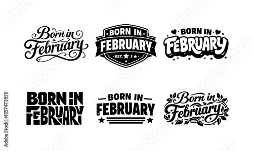 February Lettering Variations. Born in February. Set lettering. harmonious lettering variations of the same emblematic concept, each with different artistic