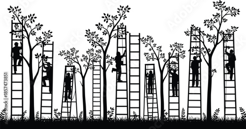 Gardeners on ladders trimming trees, orchard harvest silhouette, landscape maintenance workers, park care concept, cad drawing flat vector illustration.