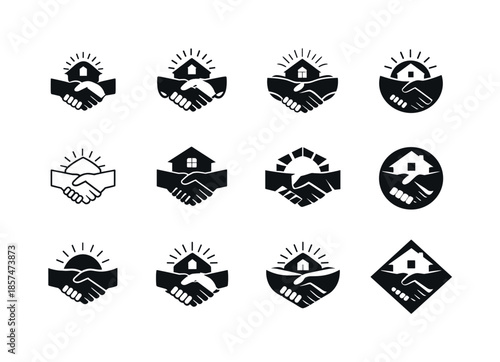 Poverty Alleviation Icons. Poverty alleviation. Icon set. Set Logo of poverty alleviation: handshake cooperation. harmonious logo variations of the same