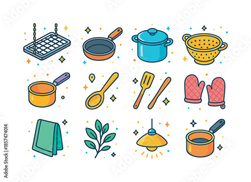 Ceiling Kitchen Rack Icons. Ceiling mounted kitchen rack. Colorful isometric vector icons set of ceiling mounted kitchen rack: rectangular metal rack, chain