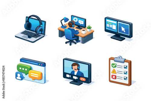 Remote Support Icons. Remote support. Isometric flat vector icons set of remote support: laptop with headset, support agent workstation, remote desktop screen,