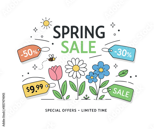 Spring Sale Blooming. Spring sale poster. A clean poster layout with blooming flowers and simple price tags gently floating around. Light, fresh mood of