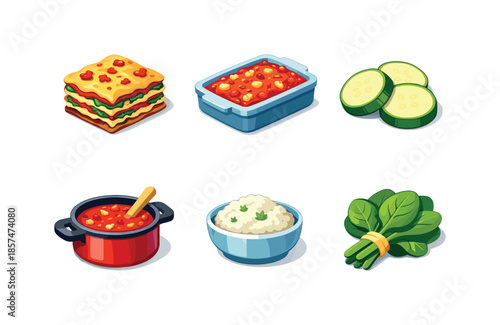 Vegetable Lasagna Icons. Vegetable lasagna. Isometric flat vector icons set of vegetable lasagna: layered lasagna dish, baking casserole pan, sliced zucchini,