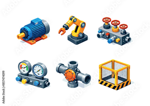 Isometric Factory Icons Set. Factory machinery design. Isometric flat vector icons set of factory machinery design: industrial motor unit, robotic arm segment,