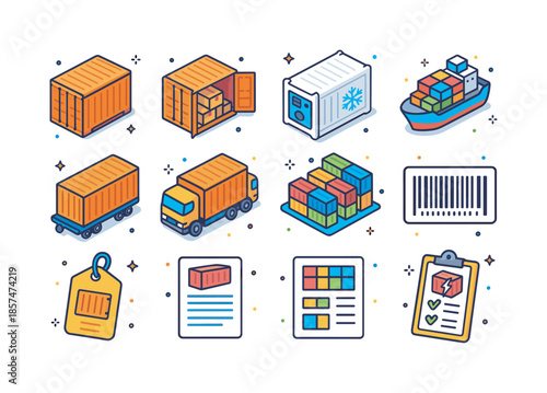 Container Logistics Icons. Container logistics. Colorful isometric vector icons set of Container logistics: standard shipping container, open container with
