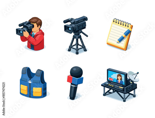 Isometric News Icons. Field Reporting. Isometric flat vector icons set of News Reporting: reporter with camera, tripod, notepad, press vest, portable