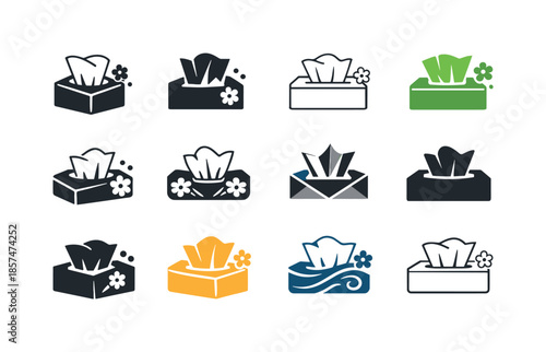 Spring Allergy Icons. Spring allergies. Icon set. Set Logo of spring allergies: tissue box. harmonious logo variations: Iconic shape, Negative space, Minimal