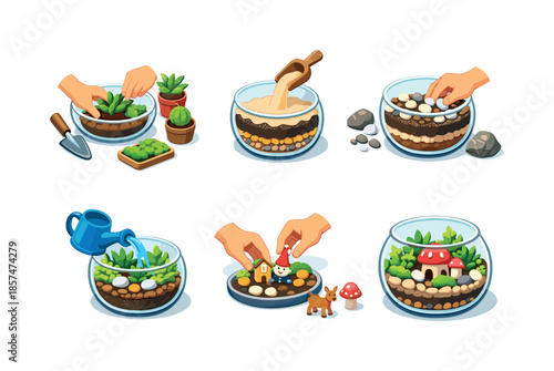 Isometric Terrarium Icons. DIY process. Isometric flat vector icons set of DIY process: arranging plants, layering soil and sand, placing decorative rocks,