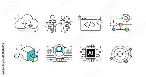 Tech Innovation Icons. Abstract tech innovation icons. Clean symbols of cloud sync, digital transformation, code blocks and futuristic interfaces, laid out in