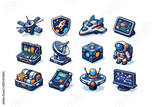 Galactic Research Icons. Galactic research missions. Colorful isometric vector icons set of galactic research missions: star probes, mission badges, transport