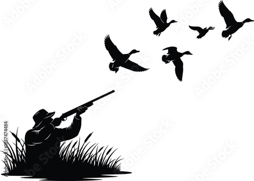 Silhouette of hunter with shotgun aiming at flock of flying ducks, marshland hunting scene, cad drawing flat vector illustration.
