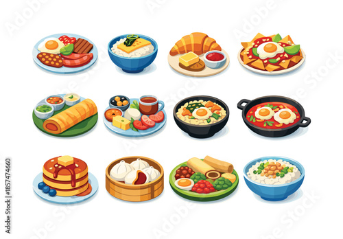 Global Breakfast Icons. Global breakfast traditions. Colorful flat vector icons set of global breakfast traditions: English breakfast plate, Japanese tamago