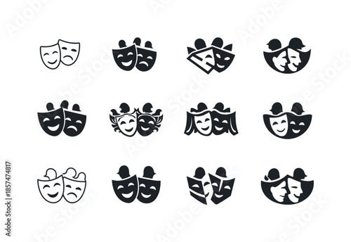 Ornate Theater Masks. A live theater performance with actors wearing masks. Icon set. Set Logo of A live theater performance with actors wearing masks: ornate