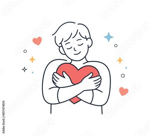 Embracing Self-Love. Self-love concept vector. Person hugging a heart close to the body, calm posture and soft expression. Inner care, self-acceptance and