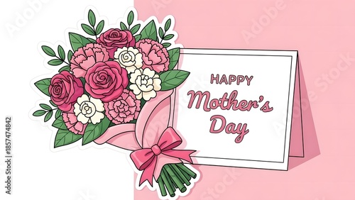 Happy mother s day greeting card with pink roses bouquet