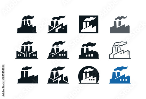 Factory Logo Collection. Factory. Icon set. Set Logo of factory: smokestack tower. harmonious logo variations of the same emblematic concept, each with