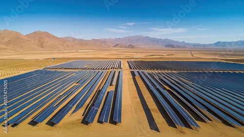 A sprawling solar power plant covers a significant portion of a wide desert valley, with endless arrays of panels basking under a clear blue sky.