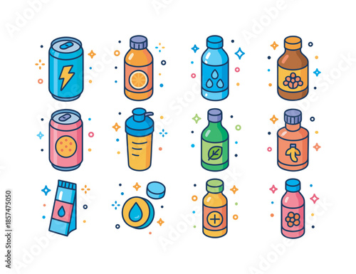 Functional Drinks Icons. Functional Drinks. Colorful isometric vector icons set of Functional Drinks: energy drink, vitamin water, electrolyte drink, kombucha