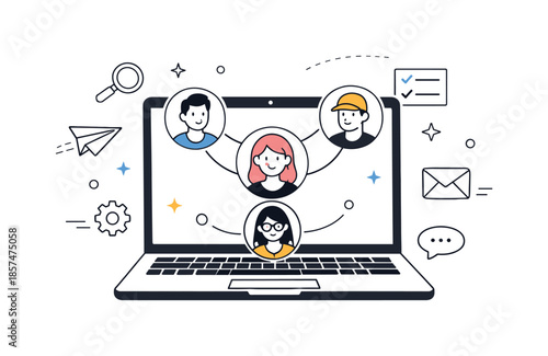 Digital Team Building. Hiring and Teamwork Themes. Open laptop with smiling avatar icons and connection lines, representing remote team building and digital