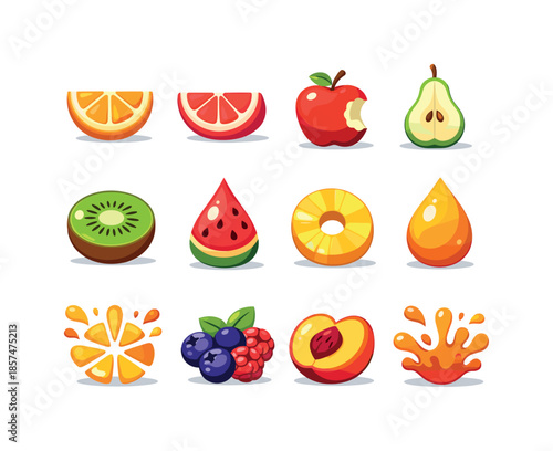 Vibrant Fruit Icons. Juicy Fruits. Colorful flat vector icons set of Juicy Fruits: orange slice, grapefruit wedge, apple bite, pear half, kiwi shine,