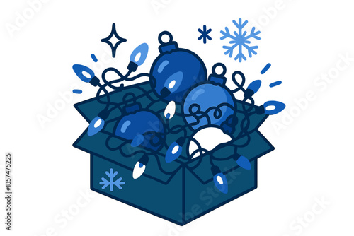 Festive Ornaments Box. Box of ornaments and lights. A partially open box reveals colorful baubles and tangled