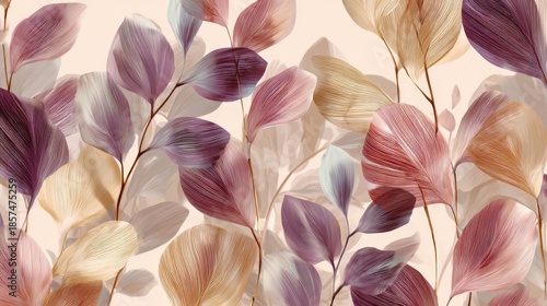 Elegant pastel leaf illustration with intricate vein patterns in soft purple, pink, beige, and blue tones on light background