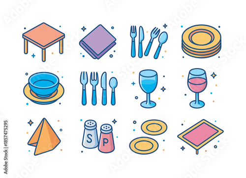 Colorful Table Icons. Table setting. Colorful isometric vector icons set of table setting: empty dining table, tablecloth folded, placemat rectangle, dinner