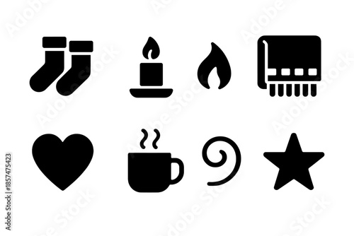 Cozy Winter Icons. Cozy Winter Evening. Filled icon set of Cozy Winter Evening: socks, candle, flame, blanket,