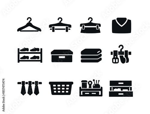 School Wardrobe Icons. School uniform wardrobe. Solid icon set of school uniform wardrobe: shirt hanger, pant hanger, skirt hanger, folded sweater, shoe rack,