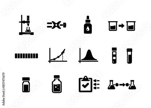 Analytical Chemistry Icons. Analytical chemistry. Solid icon set of Analytical chemistry: titration setup, burette clamp, indicator bottle, color change icon,