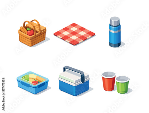 Isometric Picnic Icons. Outdoor Picnic. Isometric flat vector icons set of Outdoor Picnic: picnic basket, checkered blanket, thermos bottle, food container