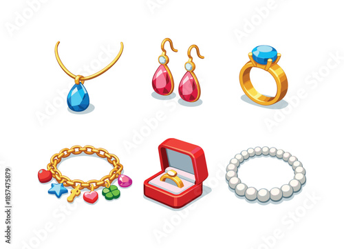 Colorful Jewelry Icons. Jewelry Sets. Isometric flat vector icons set of Jewelry Sets: necklace with pendant, pair of earrings, gemstone ring, charm bracelet,
