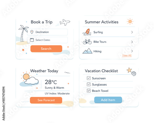Summer UI Card Collection. Seasonal UI/UX cards. A summer UI card collection with bright yet soft seasonal colors, simple icons, and clear typography blocks,