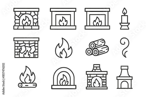 Cozy Fireplace Icons. Cozy fireplace. Line outline icon set of cozy fireplace: stone fireplace, brick hearth,