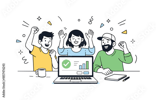 Startup Celebration Illustration. Startup launch concept. A small team celebrating around a laptop with a simple product interface. Excitement and fresh