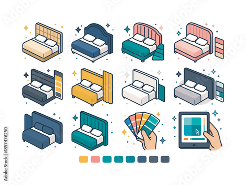 Colorful Headboard Palettes. Color palettes for statement headboards. Colorful isometric vector icons set of Color palettes for statement headboards: neutral