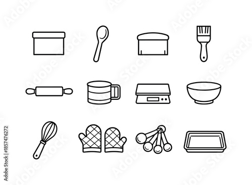 Baking Tools Icons. Baking tools. Line icon set of baking tools: bench scraper, wooden spoon, dough cutter, pastry brush, rolling pin, flour sifter, digital