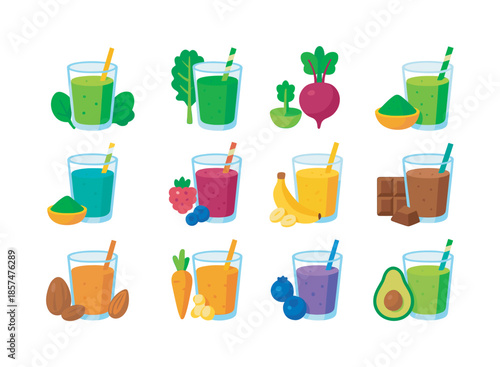 Colorful Smoothie Icons. Healthy smoothies. Colorful flat vector icons set of healthy smoothies: spinach smoothie, kale smoothie, beetroot smoothie, matcha