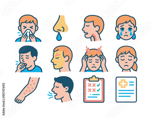 Allergy Symptom Icons. Allergy Symptoms. Colorful flat vector icons set of Allergy Symptoms: sneezing icon, runny nose, itchy throat, watery eyes, coughing
