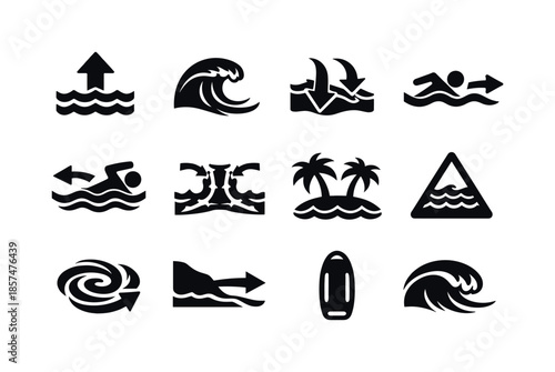 Riptide Safety Icons. Riptides. Solid icon set of riptides: strong current arrow, breaking wave, undertow symbol, swimmer warning icon, ocean pull vector, rip