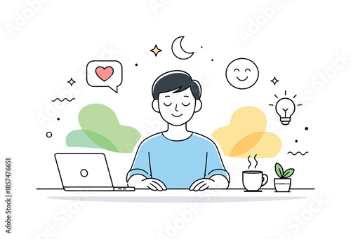 Calm Workplace Serenity. Mental health at work. Employee sitting calmly at a desk with a laptop, breathing deeply and feeling balanced. Soft abstract shapes