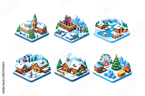Winter Tourism Icons. Winter Tourism Icons. Isometric flat vector icons set of Winter Tourism Icons: snow-covered city landmark, winter mountain viewpoint,