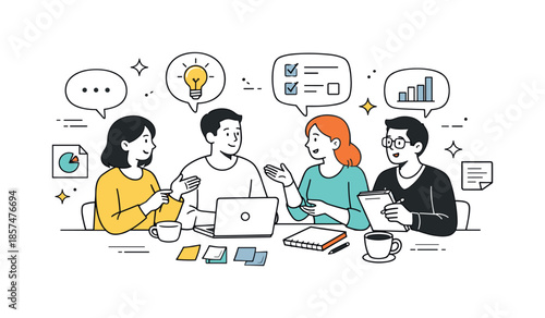 Collaborative Team Brainstorming. Internal team communication. Colleagues discussing ideas around a table with speech bubbles and notes. Open, respectful