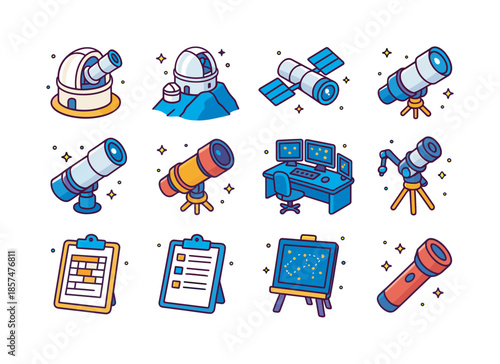 Colorful Observatory Icons. Observatories and telescopes. Colorful isometric vector icons set of Observatories and telescopes: ground based dome telescope,