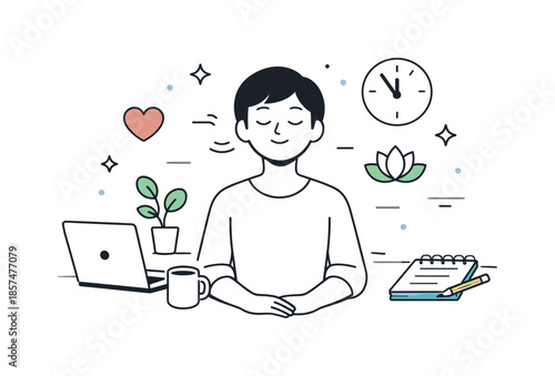 Mindful Work Break. Mental wellbeing at work. Person taking a short mindful break, breathing calmly away from the screen. Atmosphere of care, focus, and gentle