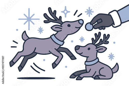 Playful Reindeer Snack. Playful reindeer snack. One reindeer stretches to grab a treat from Santa?s hand while