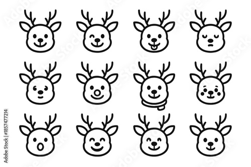 Reindeer Expression Icons. Reindeer expressions. Line outline icon set of reindeer expressions: smiling