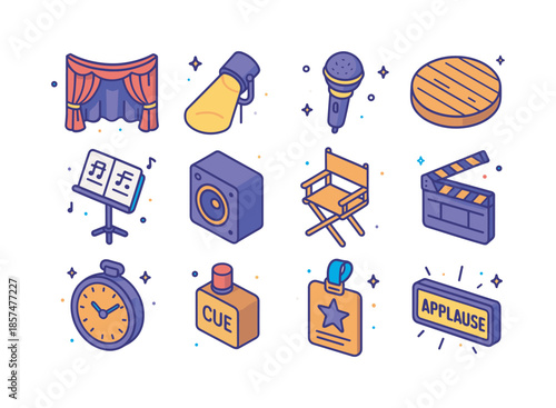 Colorful Stage Icons. Stage performance. Colorful isometric vector icons set of Stage performance: open red curtain, spotlight beam, microphone on stand,