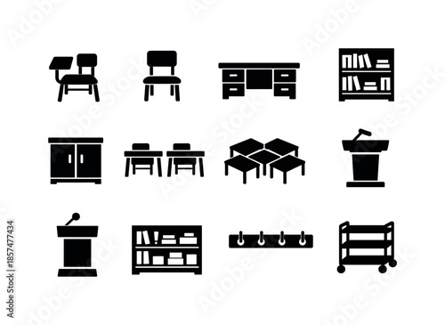 Classroom Furniture Icons. Classroom Furniture. Solid icon set of Classroom Furniture: student desk, school chair, teacher table, bookshelf classroom, storage