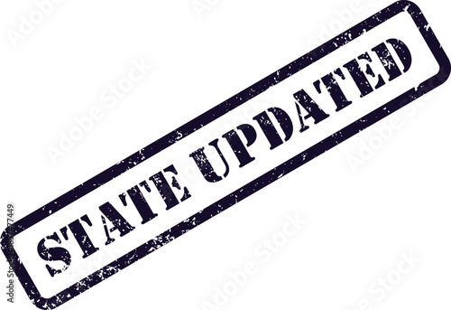 A grunge textured purple rubber stamp impression diagonally displays the positive message STATE UPDATED